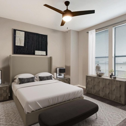 Bedroom options to fit every lifestyle a bedroom with a large bed and a fan