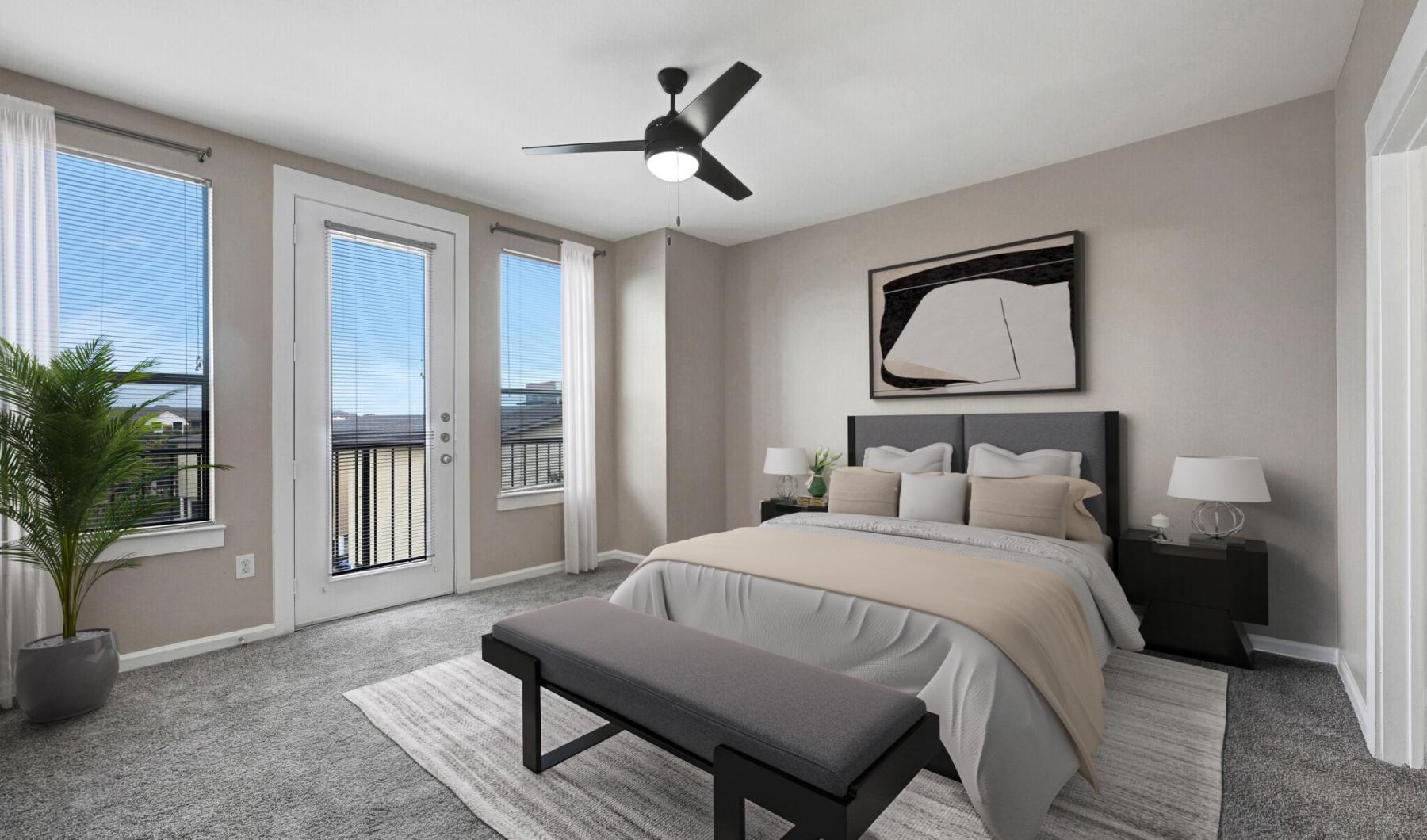 Generous bedroom offerings to fit every family a bedroom with a bed and a fan